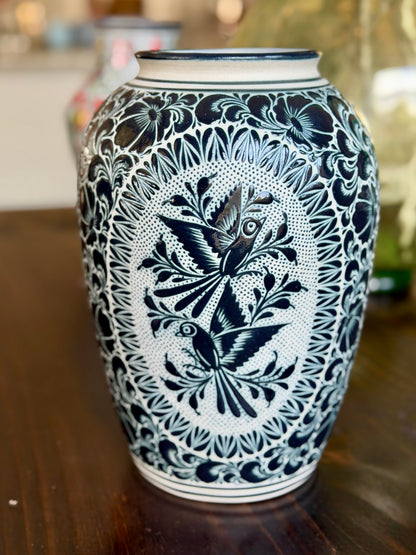 Black and White Talavera Vase – Handpainted Mexican Ceramic Art