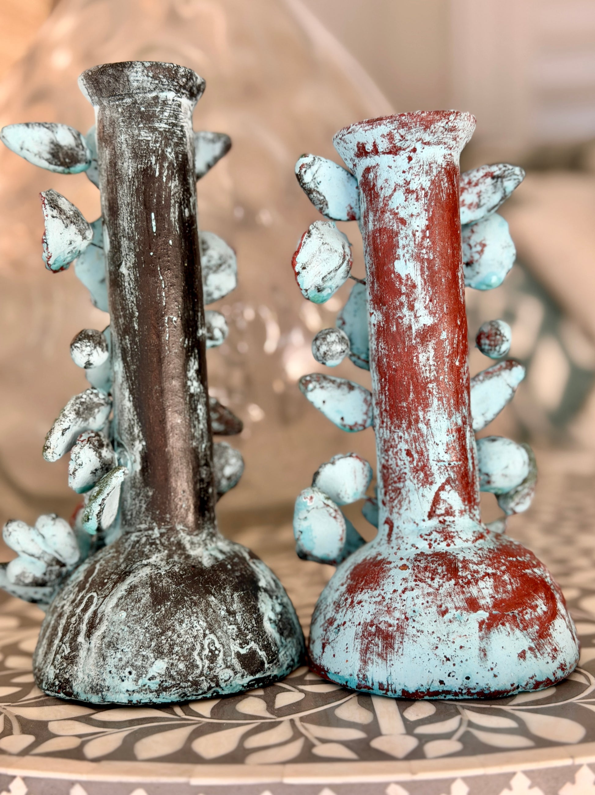 Handmade Day of the Dead Skull Candlesticks – Mexican Floral Calavera Candle Holders Set of 2