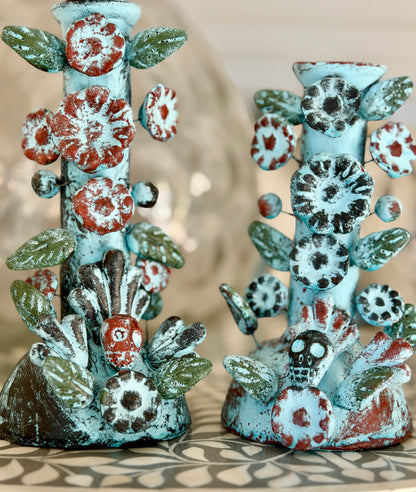 Handmade Day of the Dead Skull Candlesticks – Mexican Floral Calavera Candle Holders Set of 2