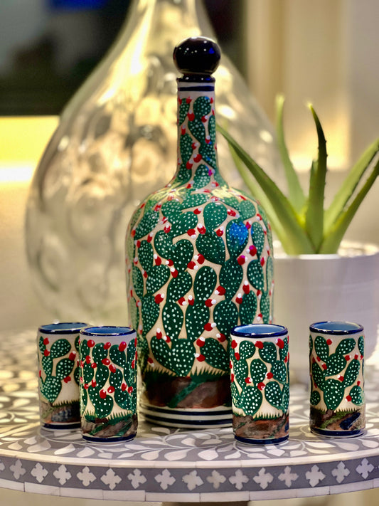 Handmade Talavera Ceramic Decanter Set with Cactus Design