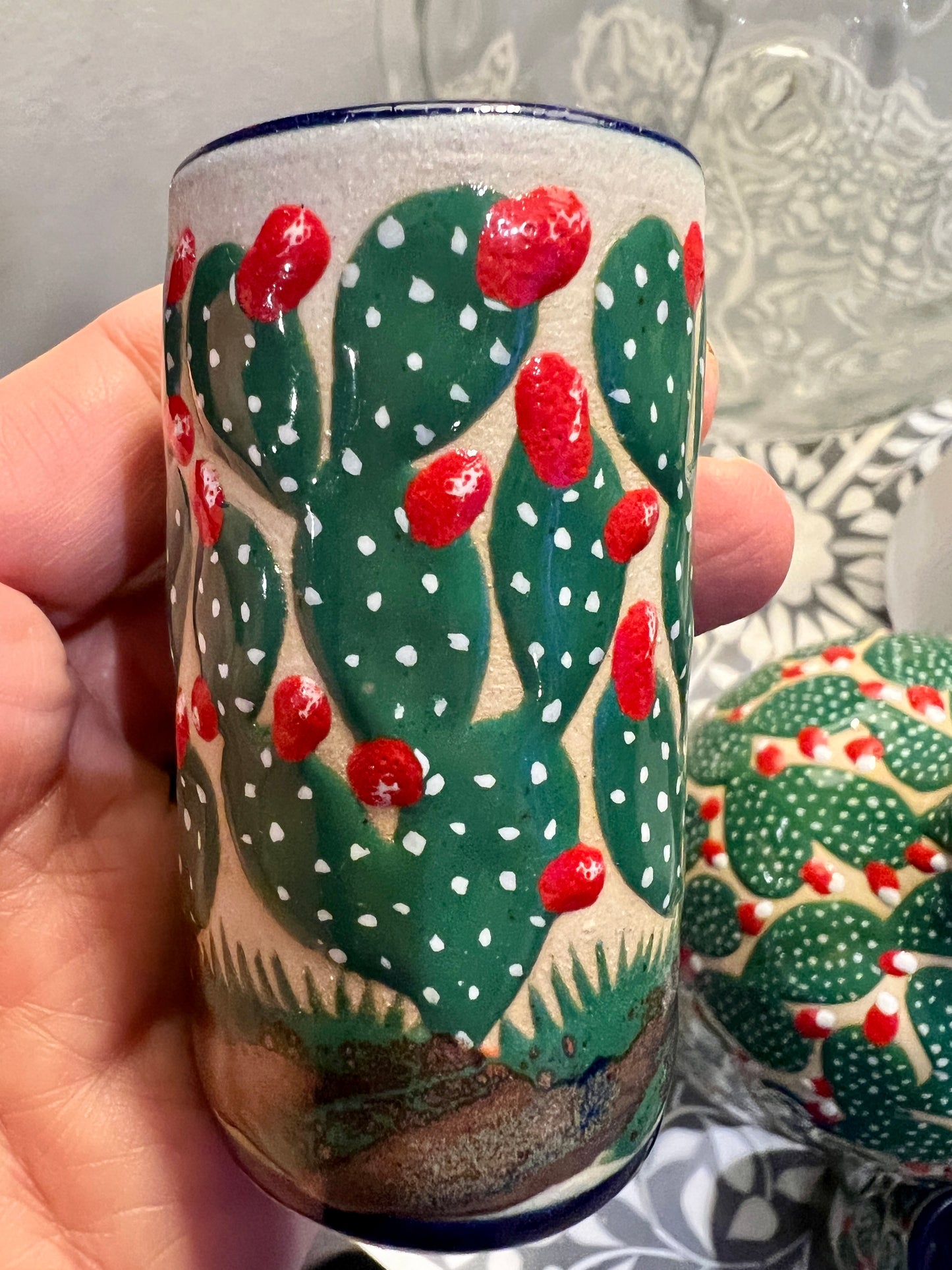 Handmade Talavera Ceramic Decanter Set with Cactus Design