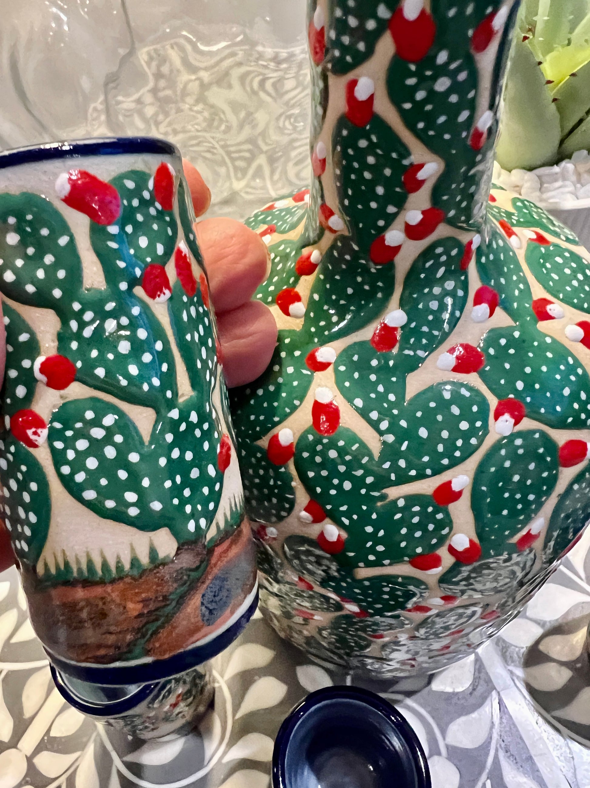 Handmade Talavera Ceramic Decanter Set with Cactus Design