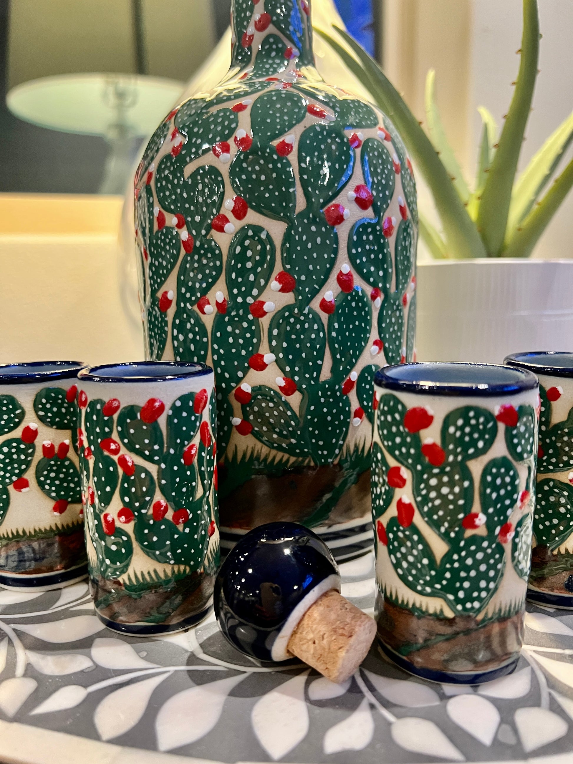 Handmade Talavera Ceramic Decanter Set with Cactus Design