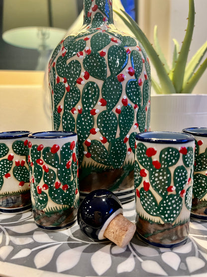 Handmade Talavera Ceramic Decanter Set with Cactus Design