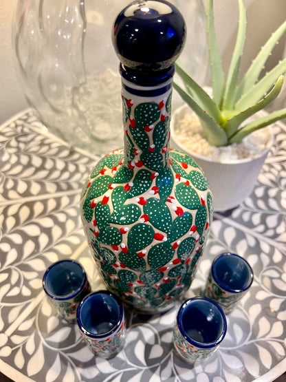 Handmade Talavera Ceramic Decanter Set with Cactus Design