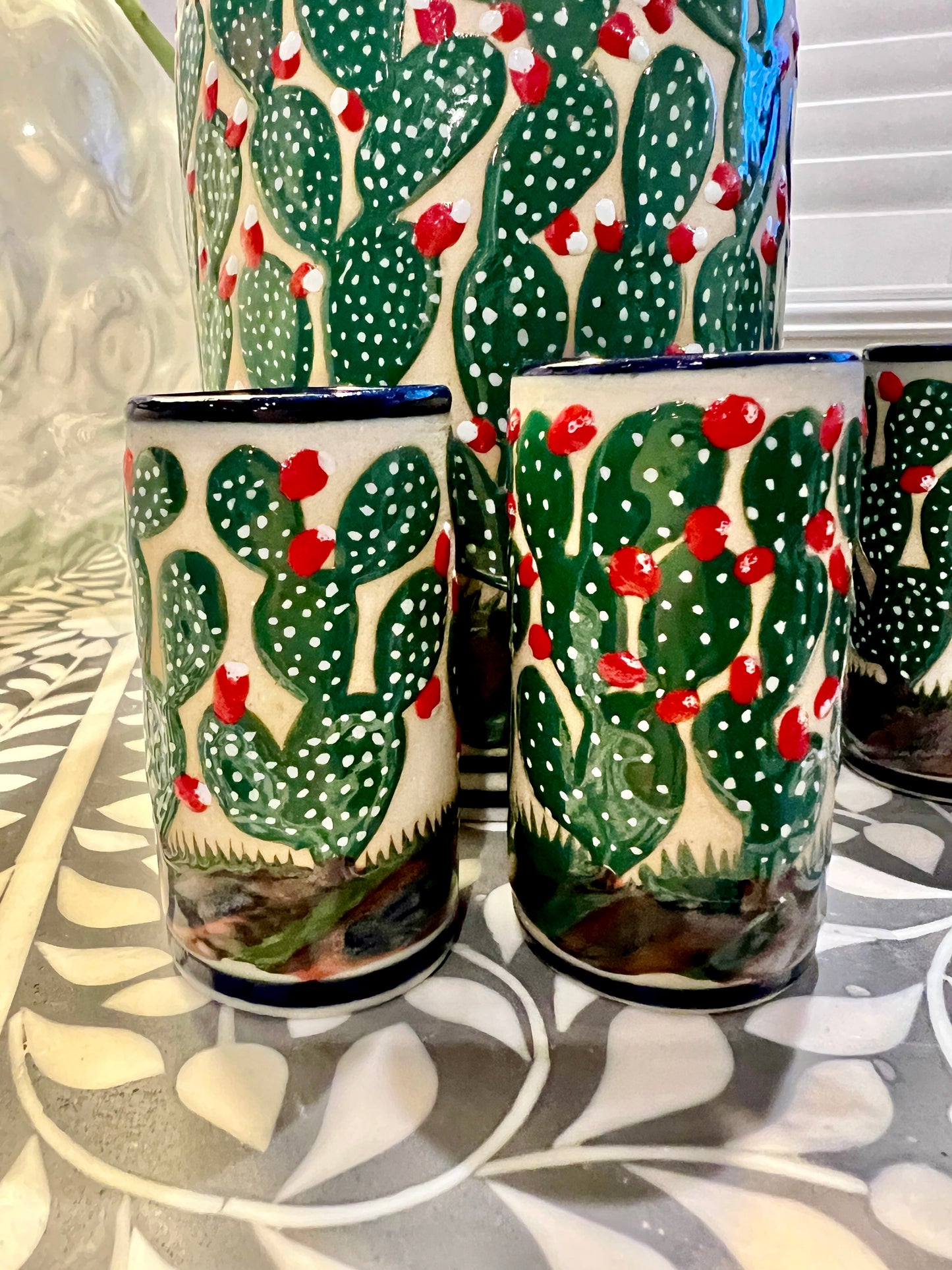 Handmade Talavera Ceramic Decanter Set with Cactus Design