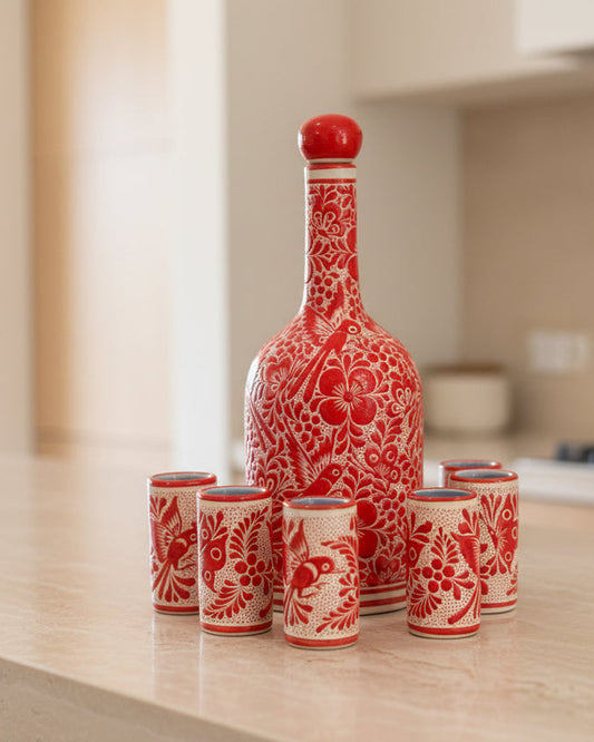 Red & White Hummingbird Ceramic Decanter – Artisan Made from Mexico