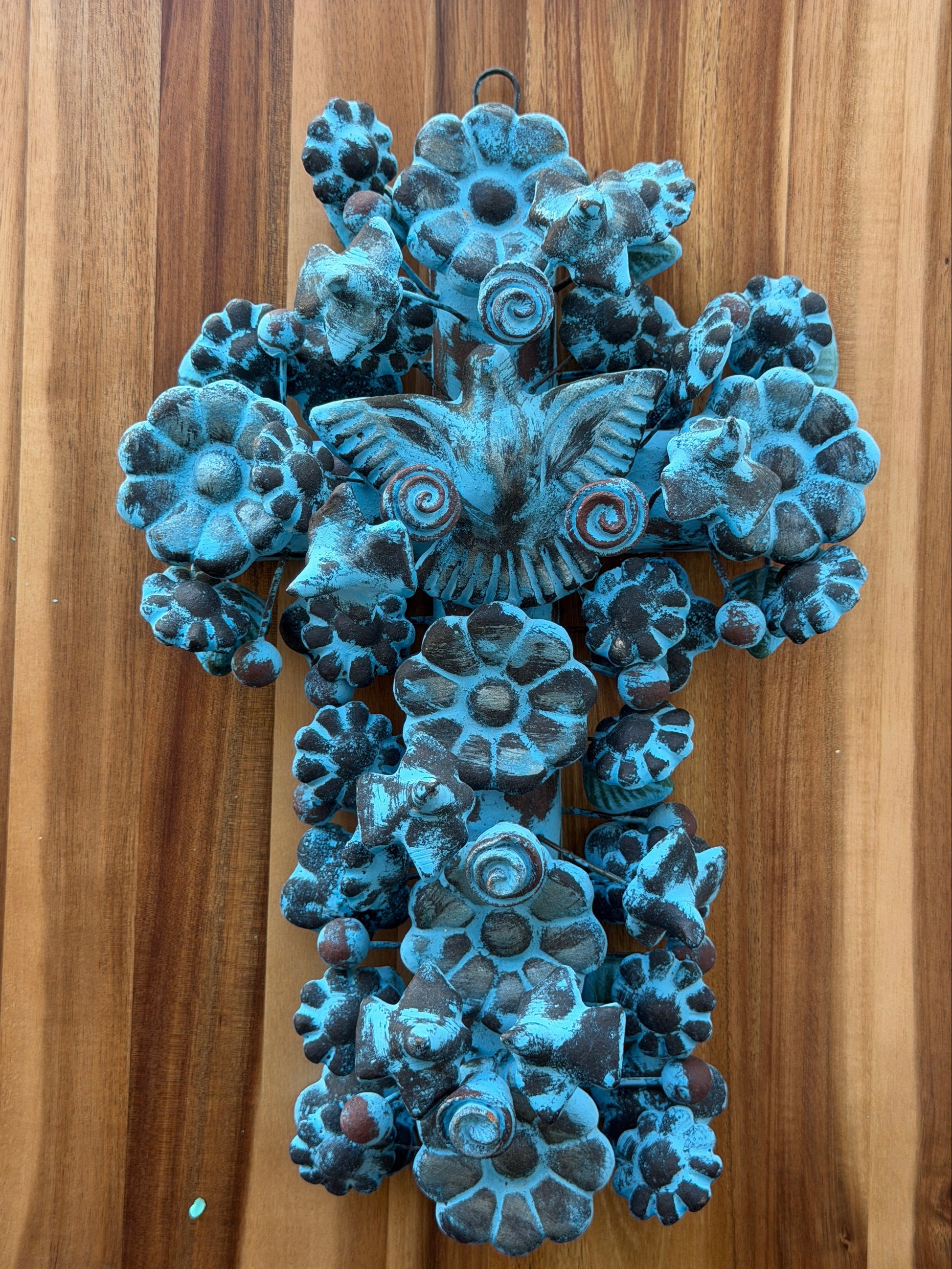 Mexican Ceramic Wall Cross Handmade in Guadalajara | Talavera Style Floral Cross with Butterflies | 14 Inch Folk Art Wall Decor