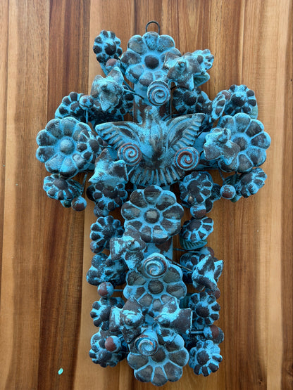 Mexican Ceramic Wall Cross Handmade in Guadalajara | Talavera Style Floral Cross with Butterflies | 14 Inch Folk Art Wall Decor
