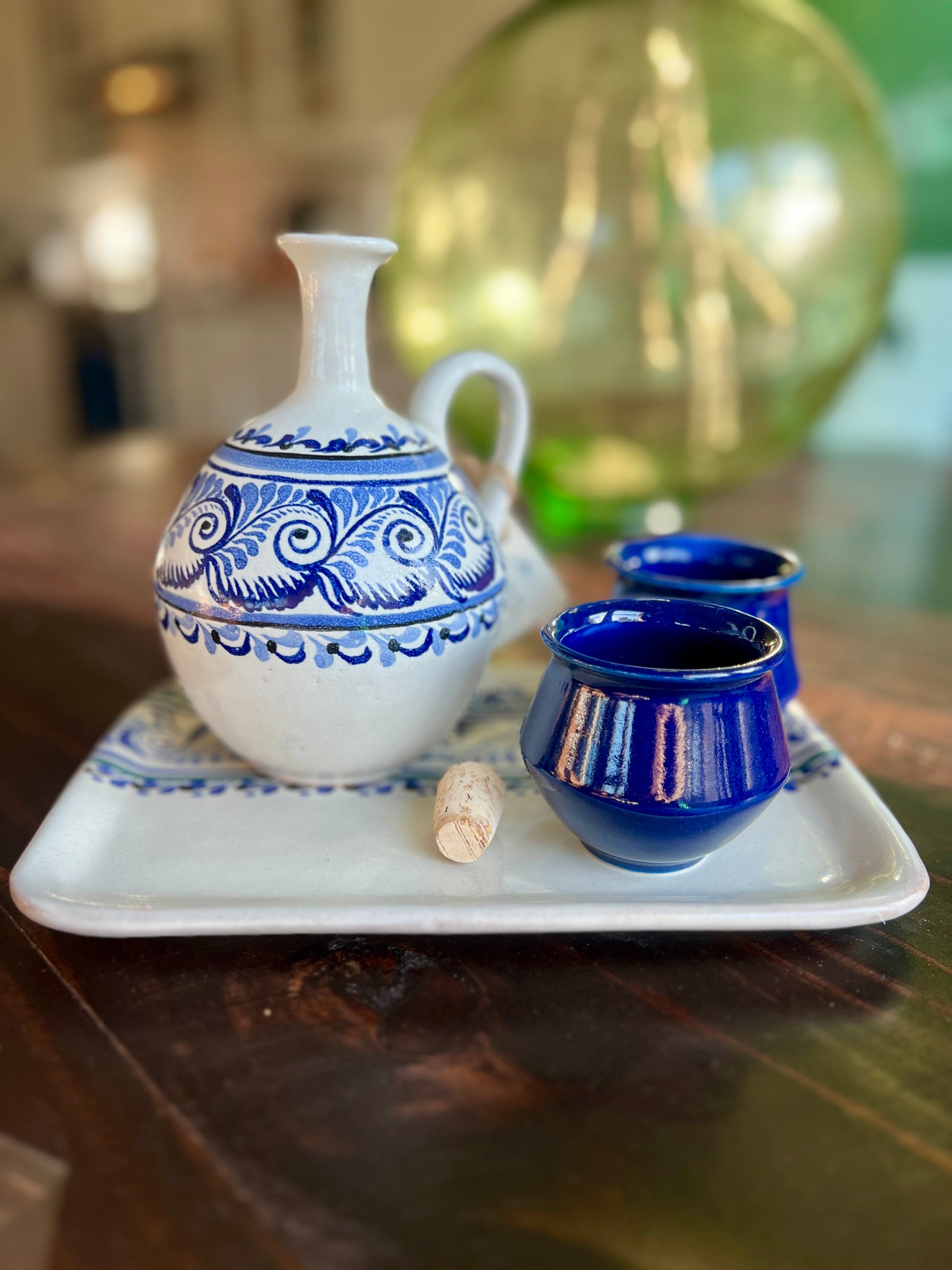 Handmade Mexican Ceramic Tequila & Mezcal Decanter Set with Shot Glasses and Serving Plate