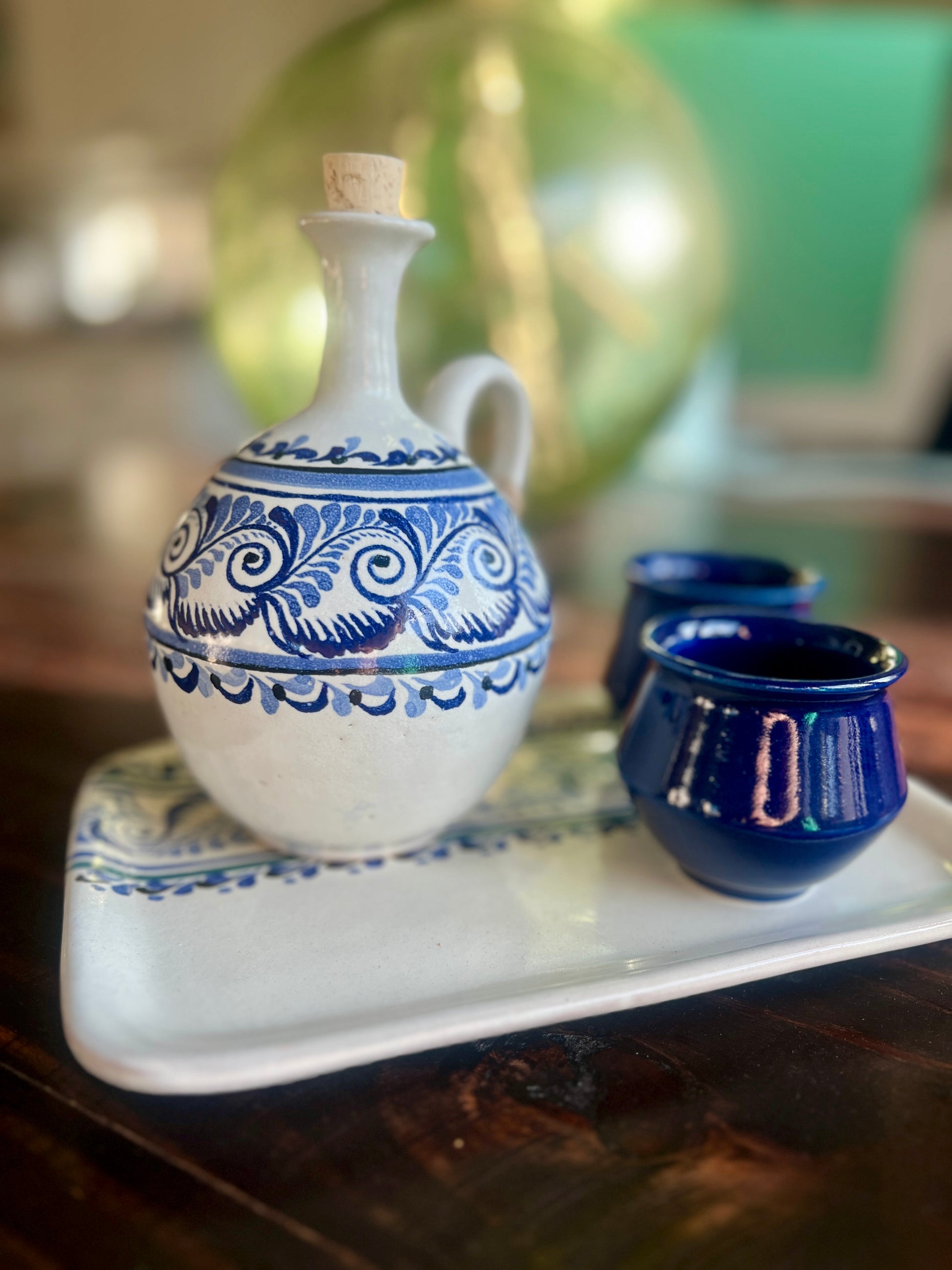 Handmade Mexican Ceramic Tequila & Mezcal Decanter Set with Shot Glasses and Serving Plate