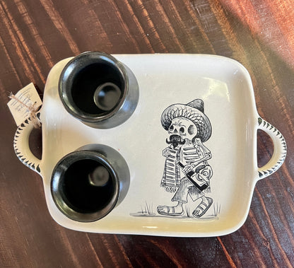 Handmade Skeleton Ceramic Tray with Black Shot Glasses – Mexican Artisan Barware