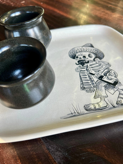 Handmade Skeleton Ceramic Tray with Black Shot Glasses – Mexican Artisan Barware