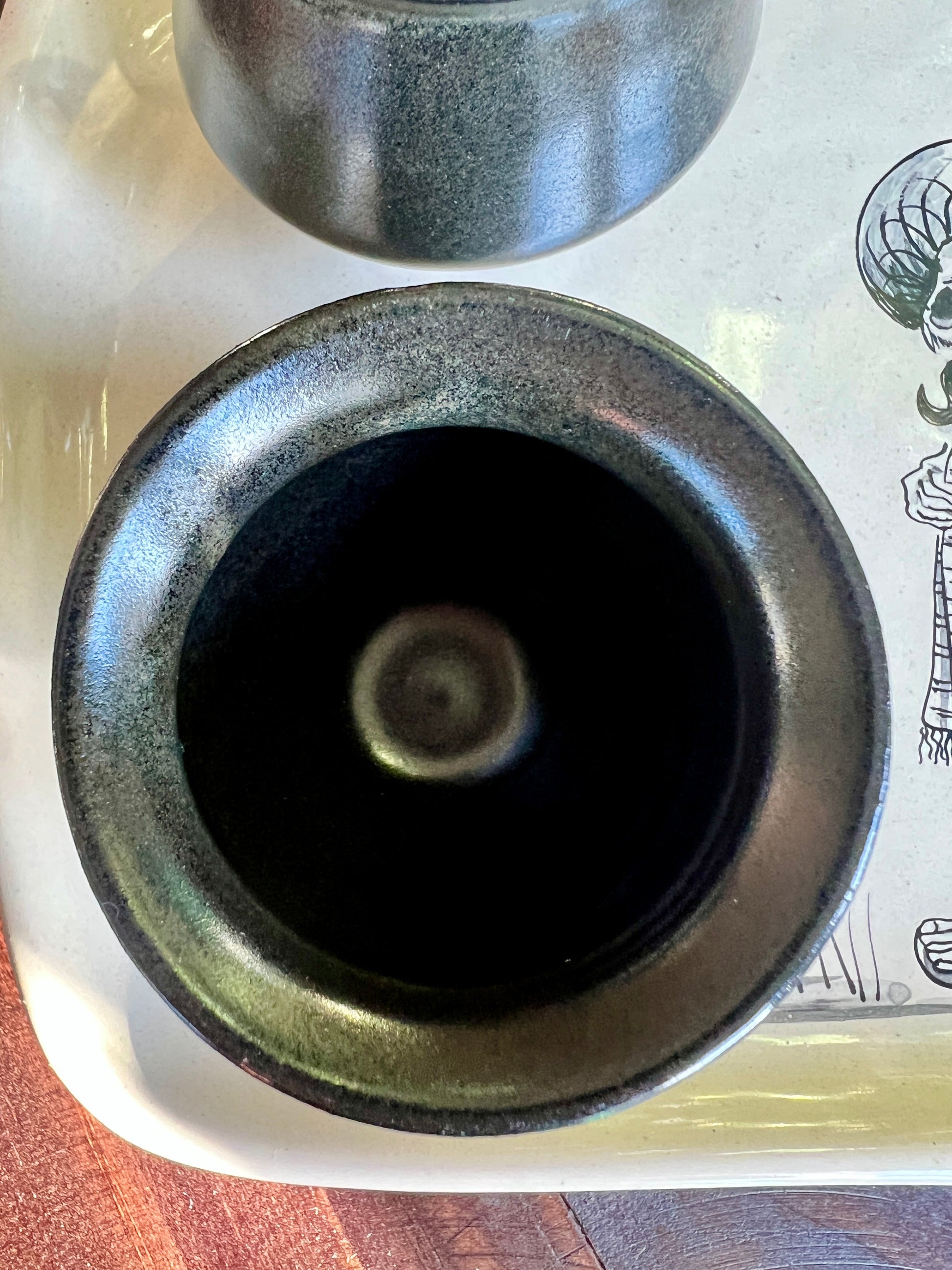 Handmade Skeleton Ceramic Tray with Black Shot Glasses – Mexican Artisan Barware