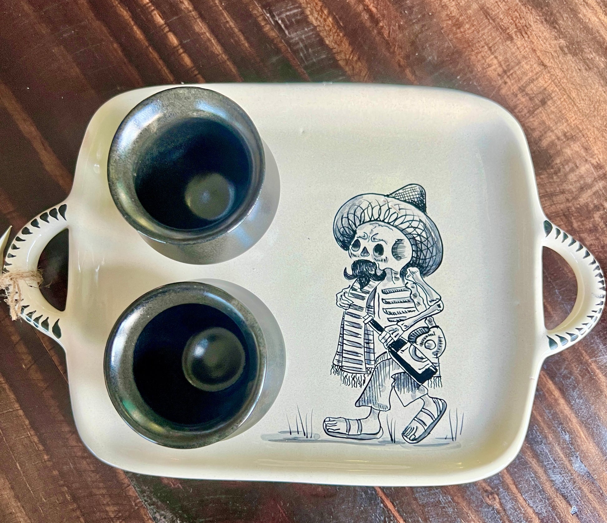 Handmade Skeleton Ceramic Tray with Black Shot Glasses – Mexican Artisan Barware