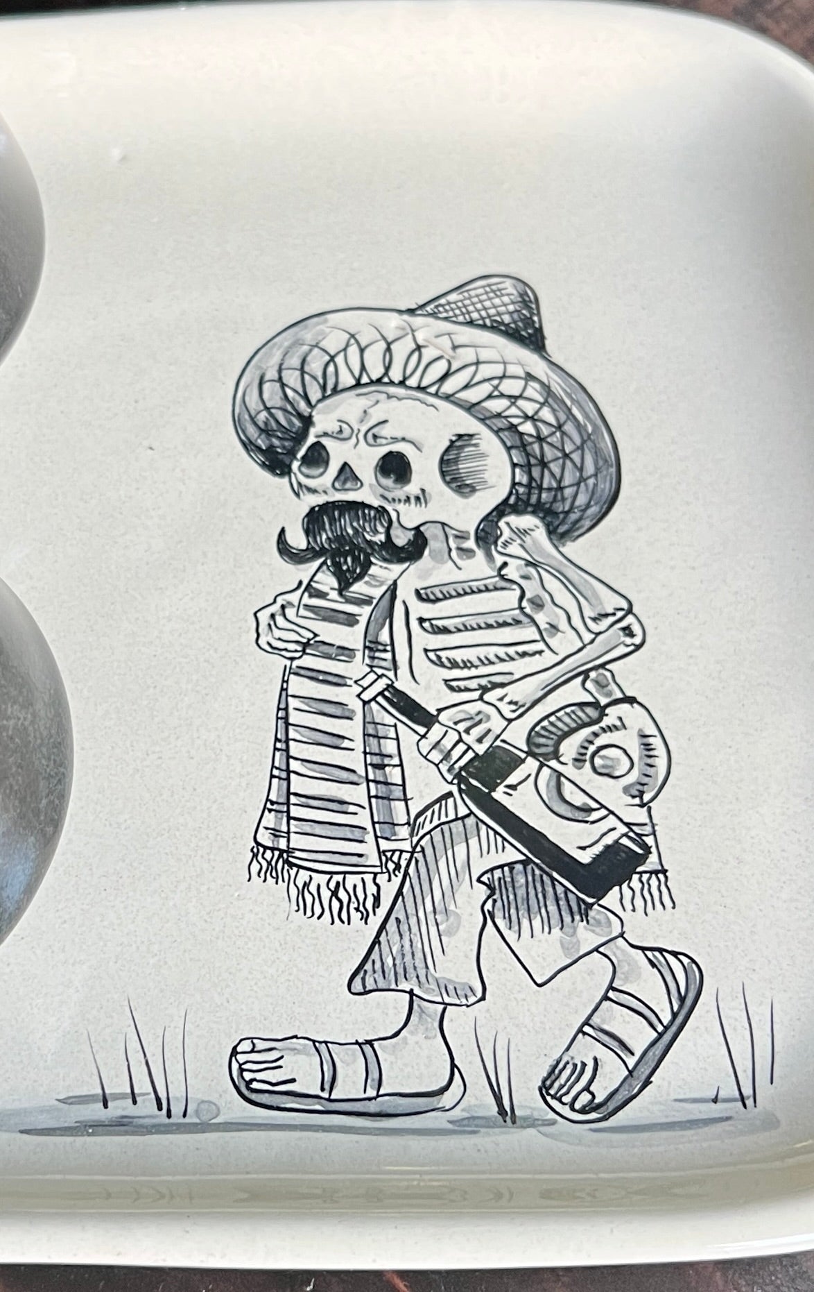 Handmade Skeleton Ceramic Tray with Black Shot Glasses – Mexican Artisan Barware