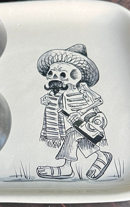 Handmade Skeleton Ceramic Tray with Black Shot Glasses – Mexican Artisan Barware