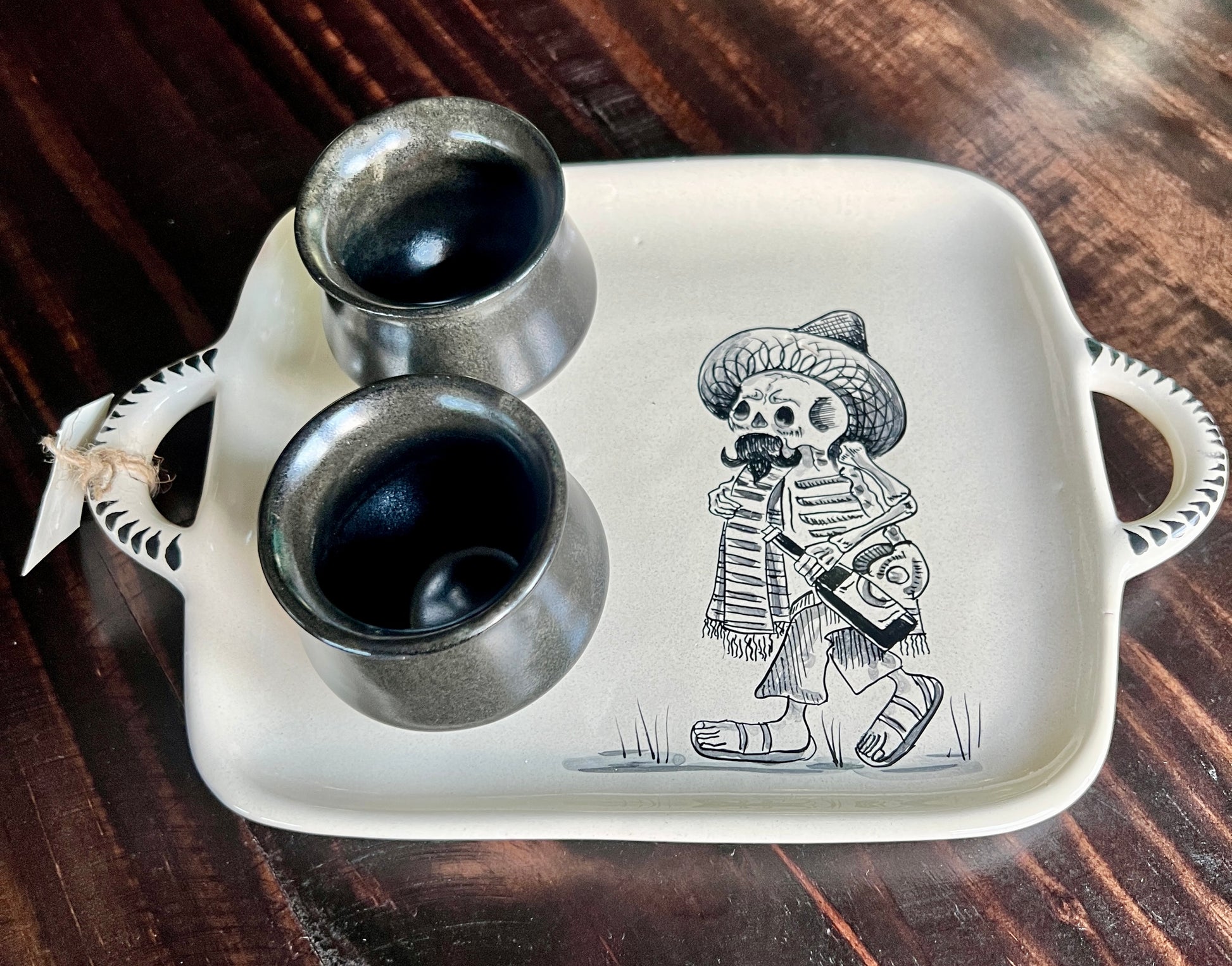 Handmade Skeleton Ceramic Tray with Black Shot Glasses – Mexican Artisan Barware