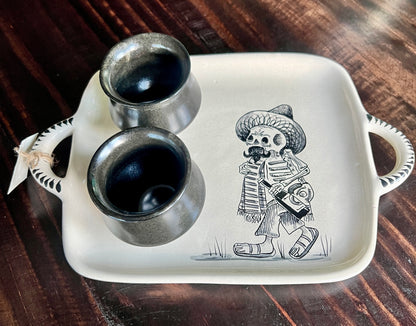 Handmade Skeleton Ceramic Tray with Black Shot Glasses – Mexican Artisan Barware