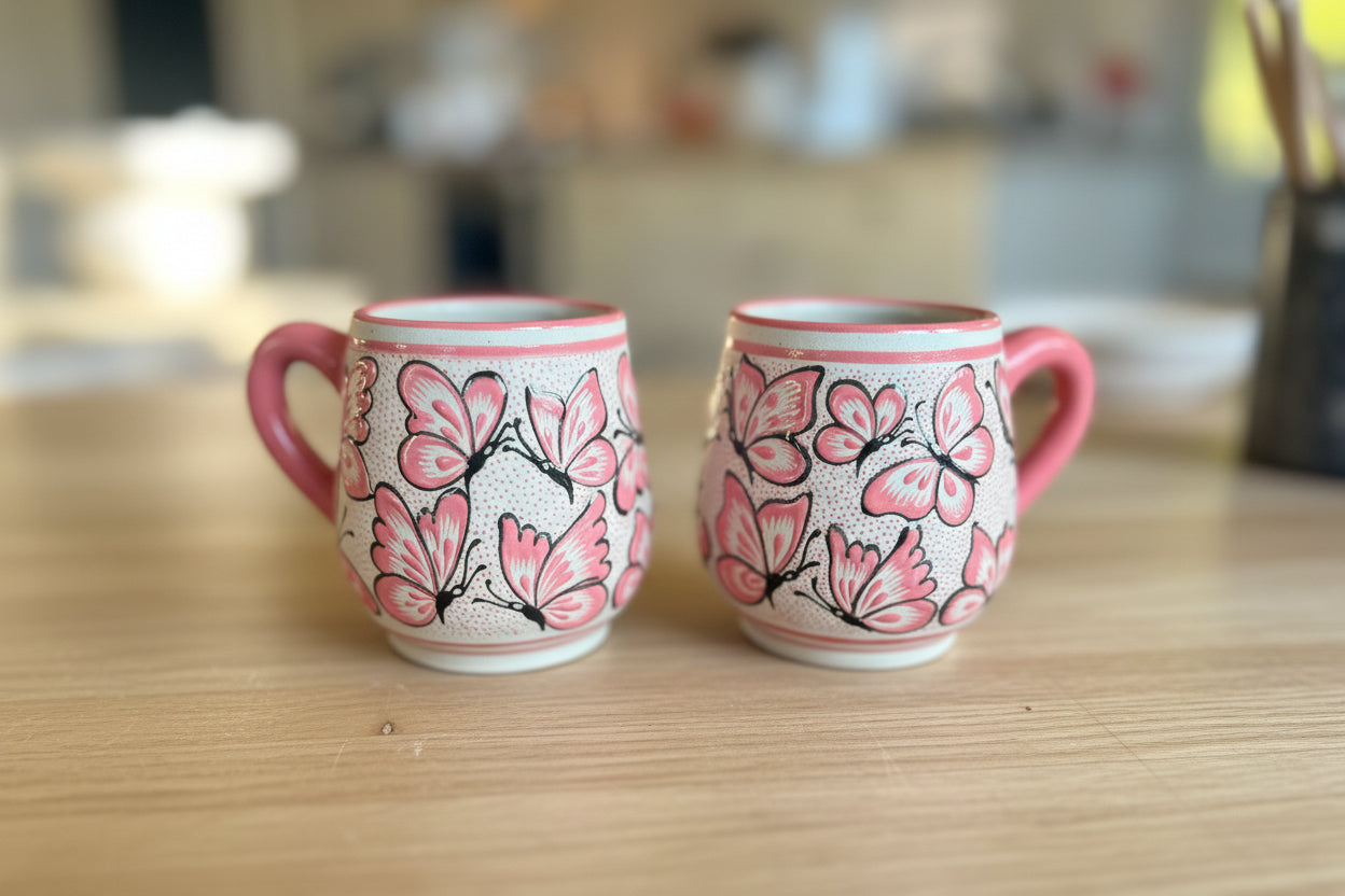 Handcrafted Butterfly Ceramic Mug | High-Temperature Pottery from Guanajuato, Mexico- Set of 2