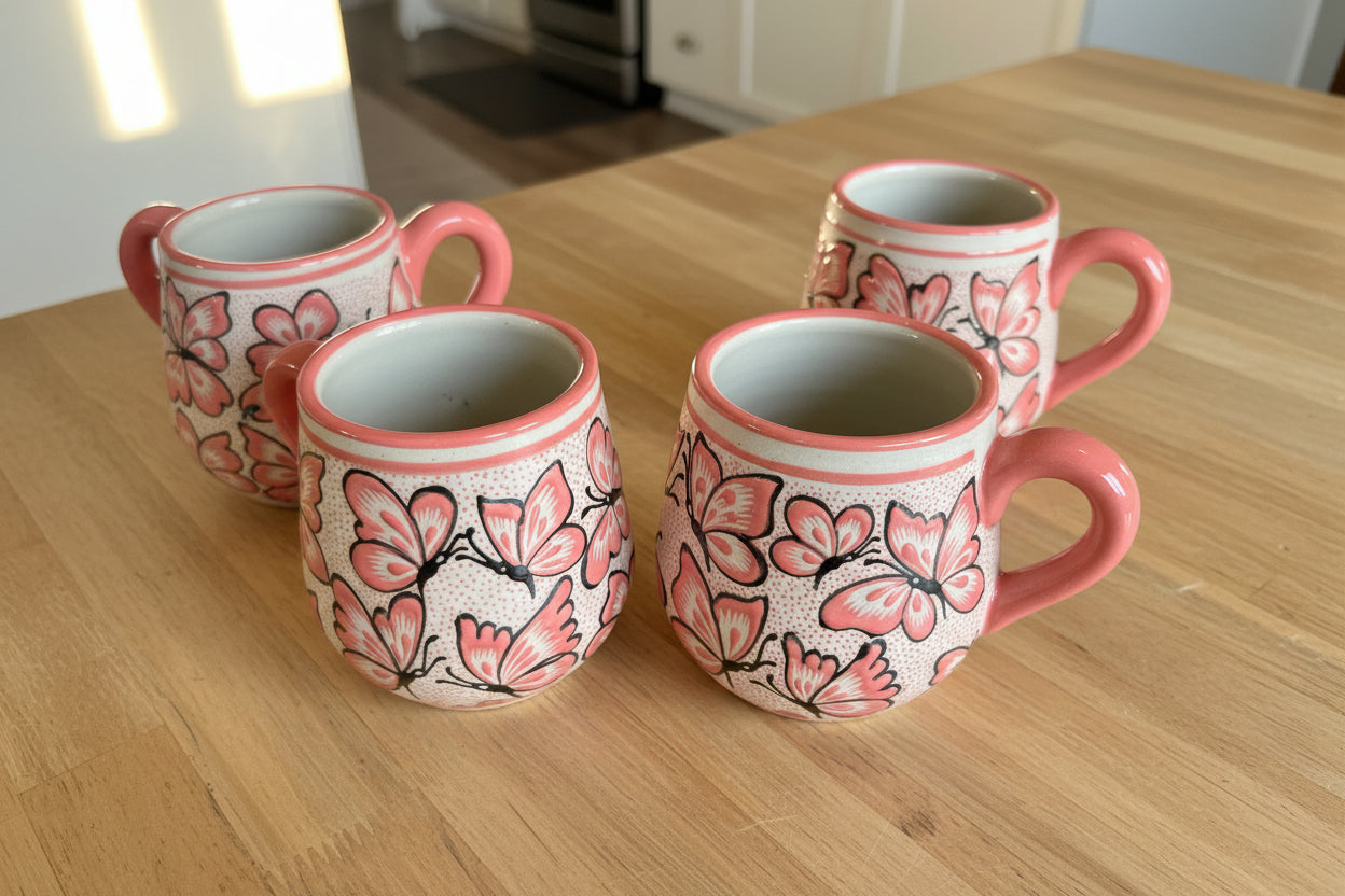 Handcrafted Butterfly Ceramic Mug | High-Temperature Pottery from Guanajuato, Mexico- Set of 2