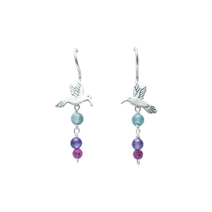Hummingbird Sterling Silver Earrings with Aquamarine Amethyst Ruby – Handmade Mexican Jewelry – Gabriela Sanchez