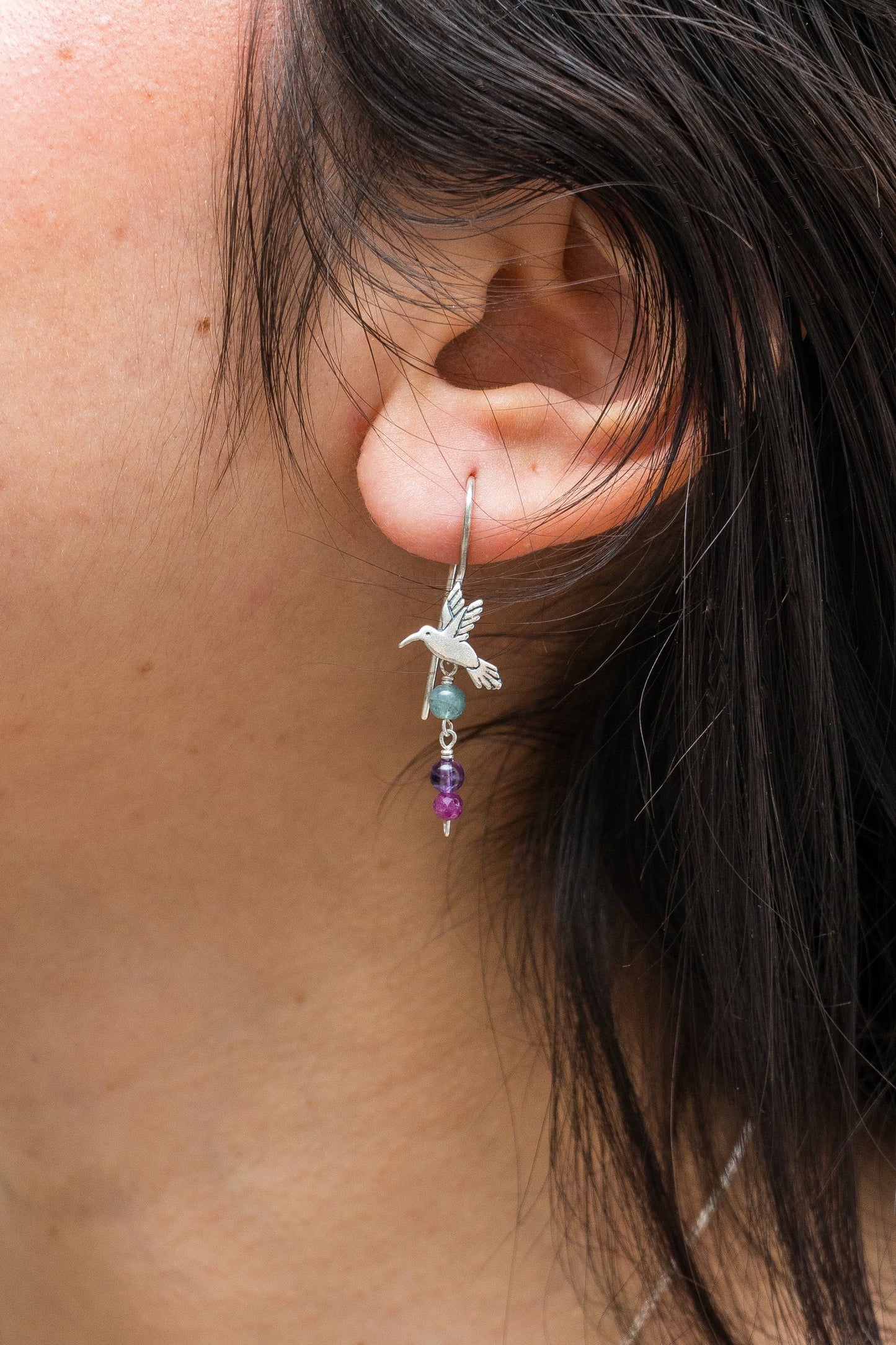 Hummingbird Sterling Silver Earrings with Aquamarine Amethyst Ruby – Handmade Mexican Jewelry – Gabriela Sanchez