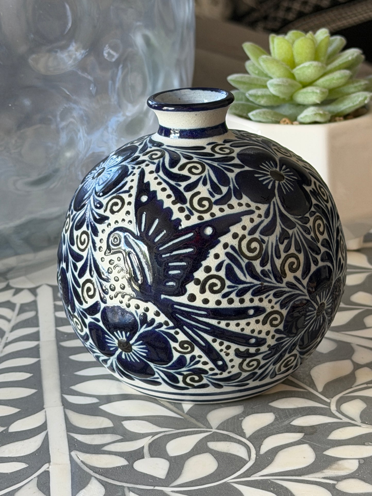 Hand Painted Mexican Blue & White Vase – Bird & Floral Talavera Style Pottery – Small Decorative Vase 4.5”