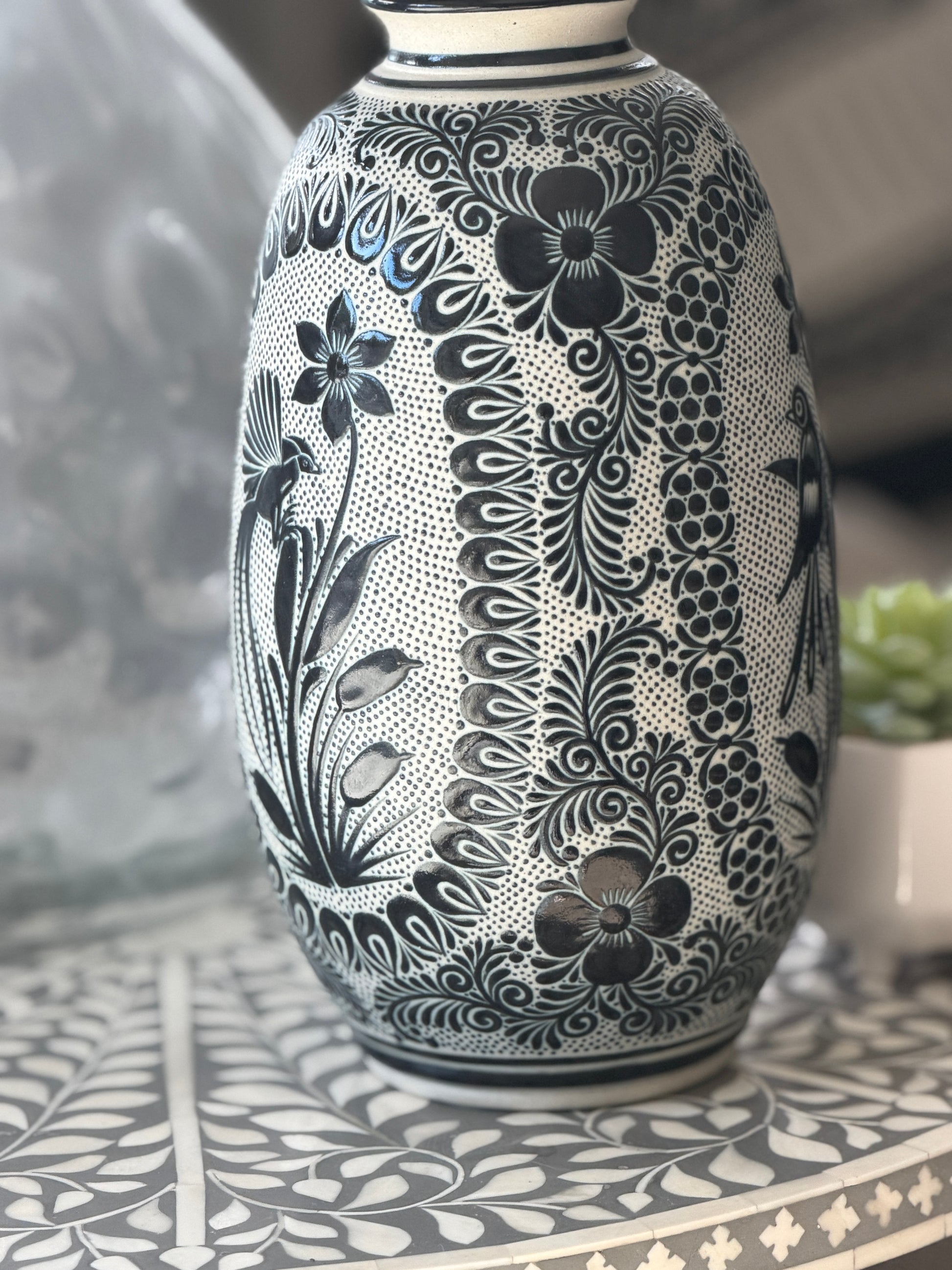 Hand Painted Talavera Style Vase 11.5” – Black & White Mexican Ceramic from Guanajuato