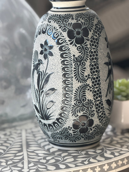 Hand Painted Talavera Style Vase 11.5” – Black & White Mexican Ceramic from Guanajuato