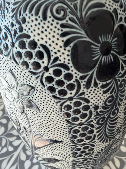 Hand Painted Talavera Style Vase 11.5” – Black & White Mexican Ceramic from Guanajuato