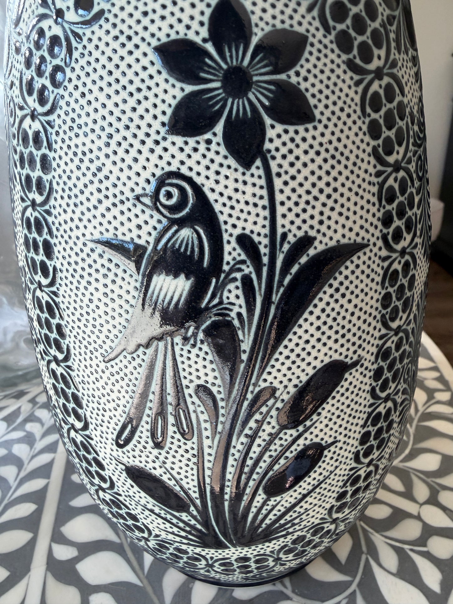 Hand Painted Talavera Style Vase 11.5” – Black & White Mexican Ceramic from Guanajuato