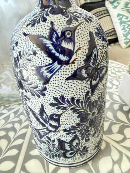 Hand Painted Talavera Style Decanter 11.5 Inch – Blue and White Mexican Ceramic Bottle from Guanajuato – Bird Floral Artisan Barware Decor