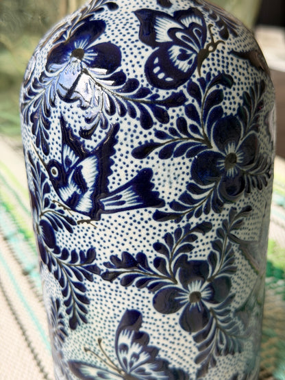 Hand Painted Talavera Style Decanter 11.5 Inch – Blue and White Mexican Ceramic Bottle from Guanajuato – Bird Floral Artisan Barware Decor