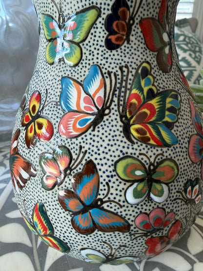 Handmade Talavera Butterfly Vase Mexican Folk Art Ceramic From Guanajuato, Colorful Boho Home Decor Accent Pottery Gift