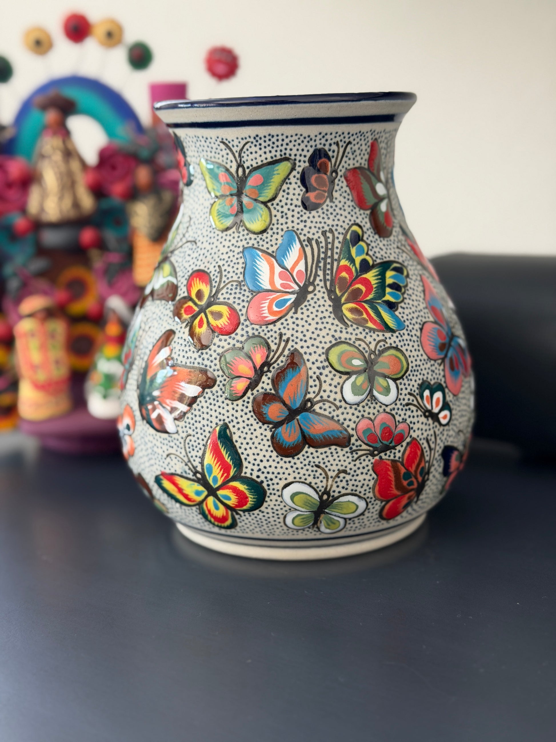 Handmade Talavera Butterfly Vase Mexican Folk Art Ceramic From Guanajuato, Colorful Boho Home Decor Accent Pottery Gift
