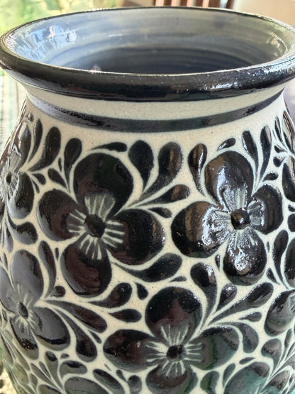 Hand Painted Blue White Floral Vase Mexican Talavera Pottery From Guanajuato, Handmade Ceramic Folk Art Home Decor Accent