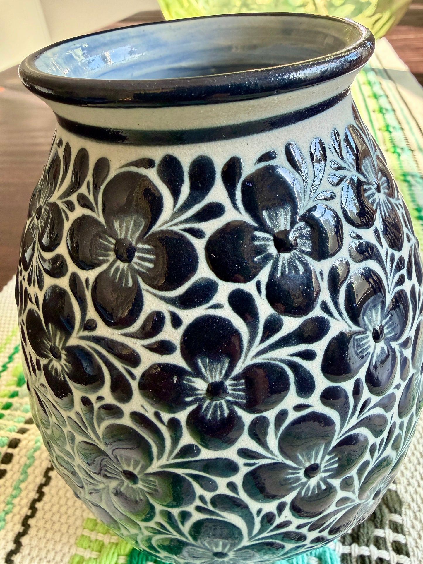 Hand Painted Blue White Floral Vase Mexican Talavera Pottery From Guanajuato, Handmade Ceramic Folk Art Home Decor Accent