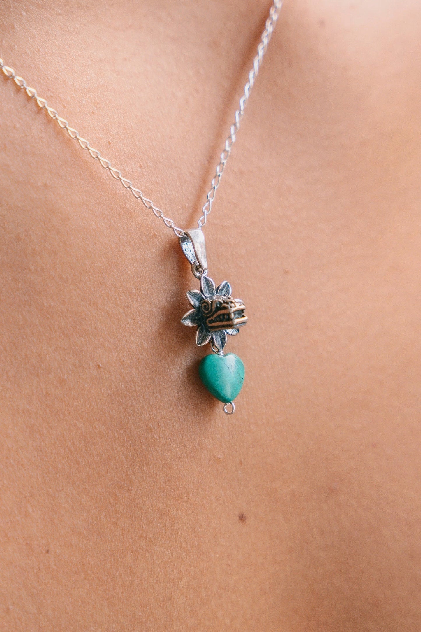 Handmade Mexican Quetzalcoatl Heart Necklace in .925 Sterling Silver – Turquoise Pendant by Gabriela Sanchez