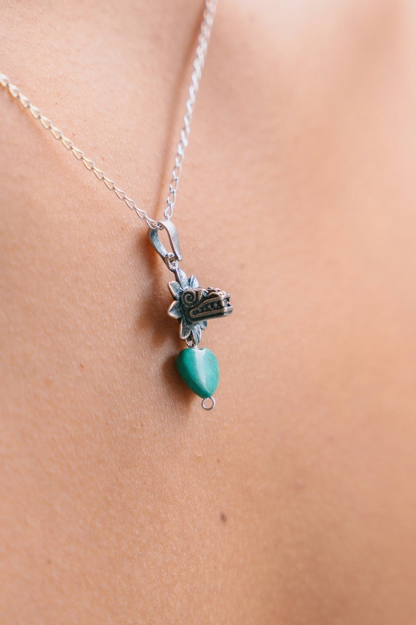 Handmade Mexican Quetzalcoatl Heart Necklace in .925 Sterling Silver – Turquoise Pendant by Gabriela Sanchez
