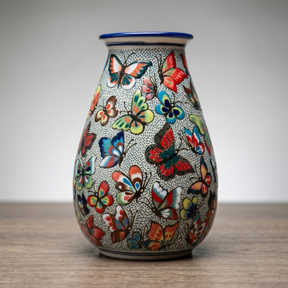 Hand Painted Butterfly Ceramic Vase – Pajaro Ceramics Guanajuato Mexico – 8 Inch Talavera Style Folk Art Vase