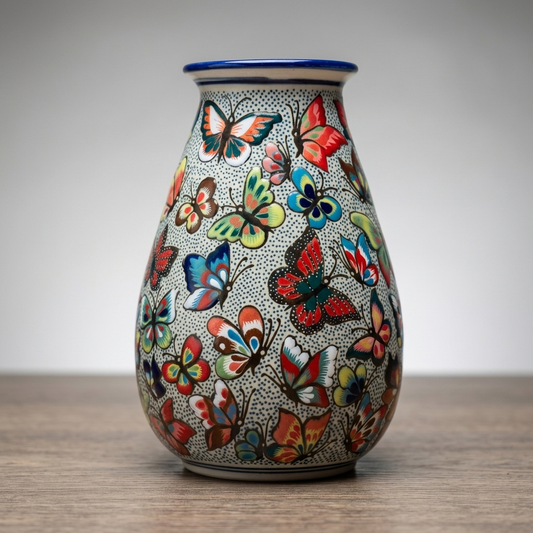 Hand Painted Butterfly Ceramic Vase – Pajaro Ceramics Guanajuato Mexico – 8 Inch Talavera Style Folk Art Vase