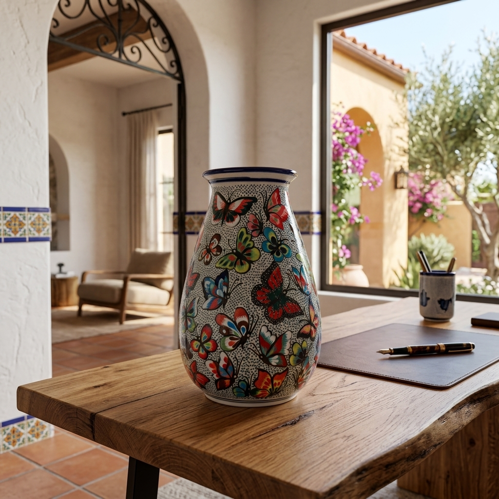 Hand Painted Butterfly Ceramic Vase – Pajaro Ceramics Guanajuato Mexico – 8 Inch Talavera Style Folk Art Vase