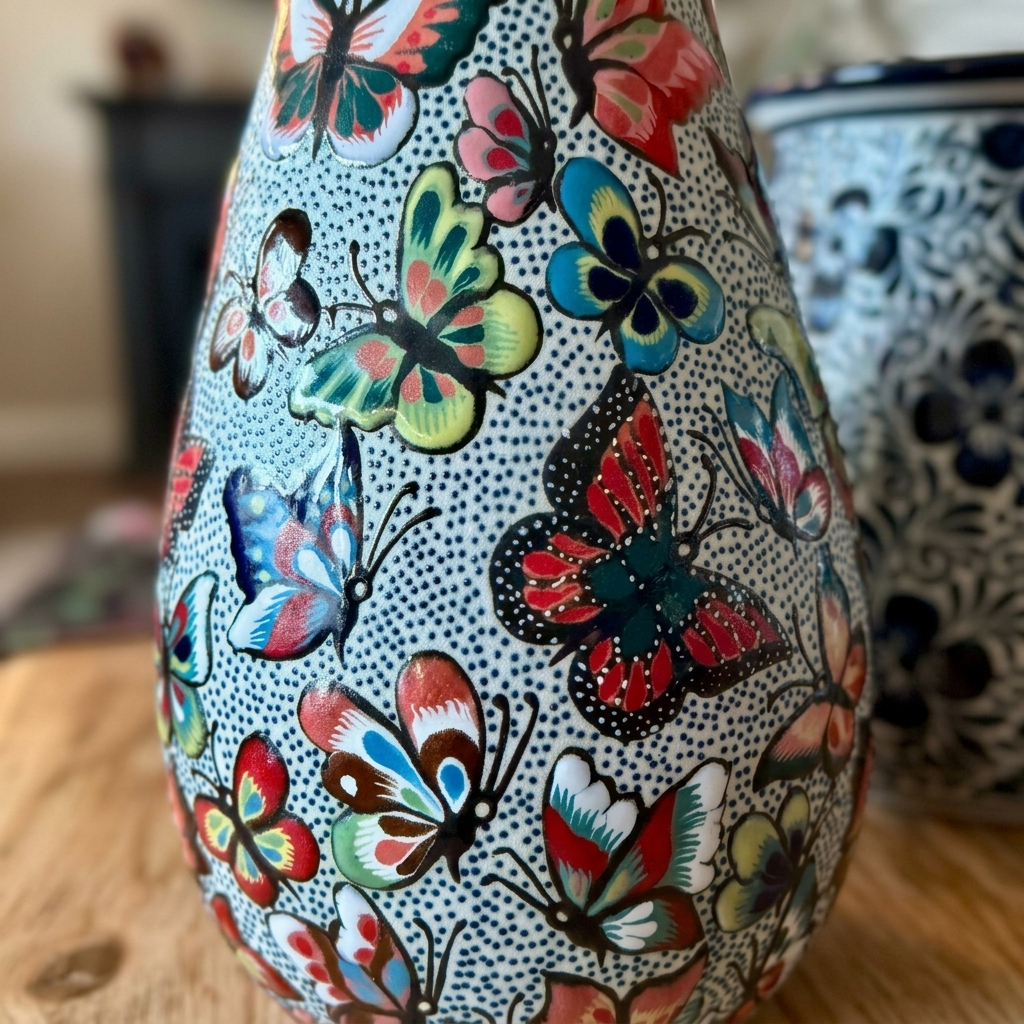 Hand Painted Butterfly Ceramic Vase – Pajaro Ceramics Guanajuato Mexico – 8 Inch Talavera Style Folk Art Vase