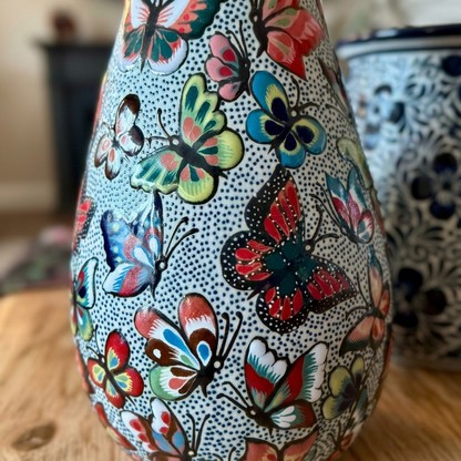 Hand Painted Butterfly Ceramic Vase – Pajaro Ceramics Guanajuato Mexico – 8 Inch Talavera Style Folk Art Vase