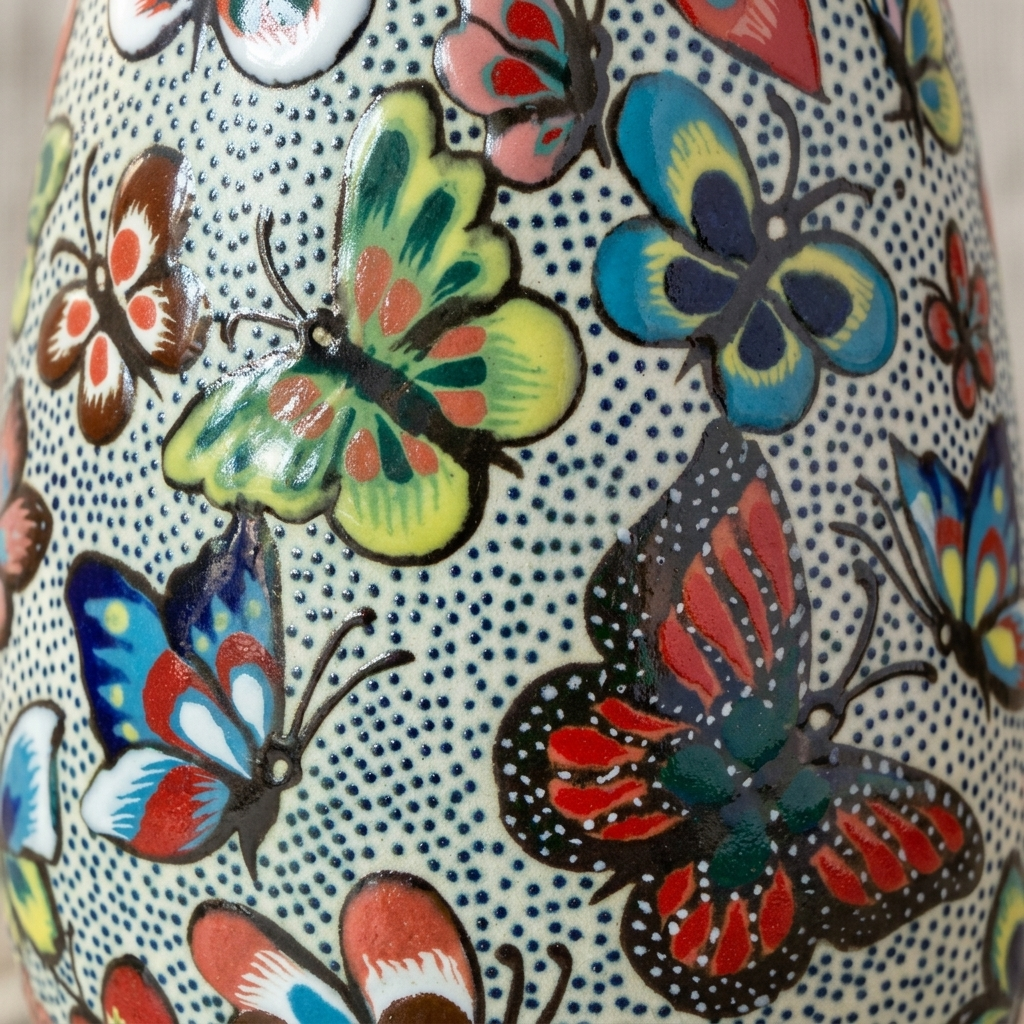 Hand Painted Butterfly Ceramic Vase – Pajaro Ceramics Guanajuato Mexico – 8 Inch Talavera Style Folk Art Vase