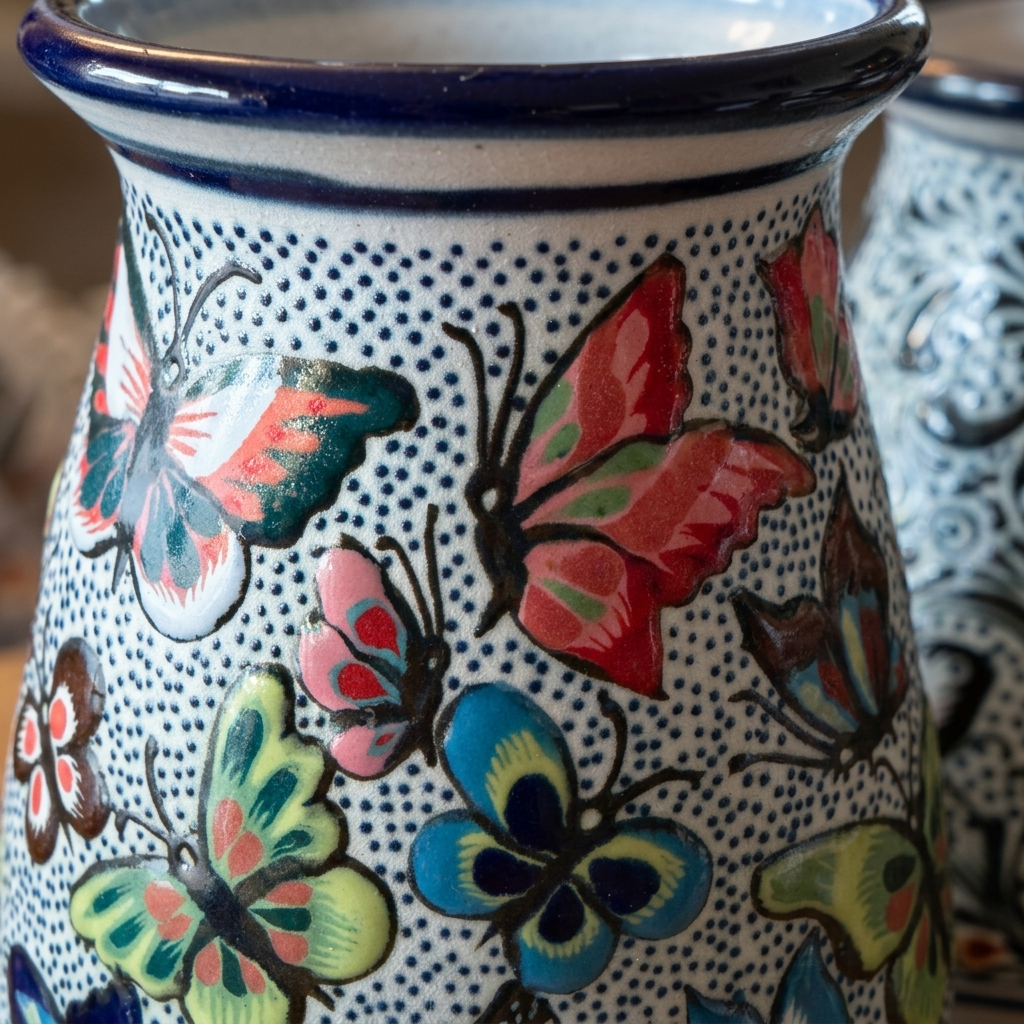 Hand Painted Butterfly Ceramic Vase – Pajaro Ceramics Guanajuato Mexico – 8 Inch Talavera Style Folk Art Vase