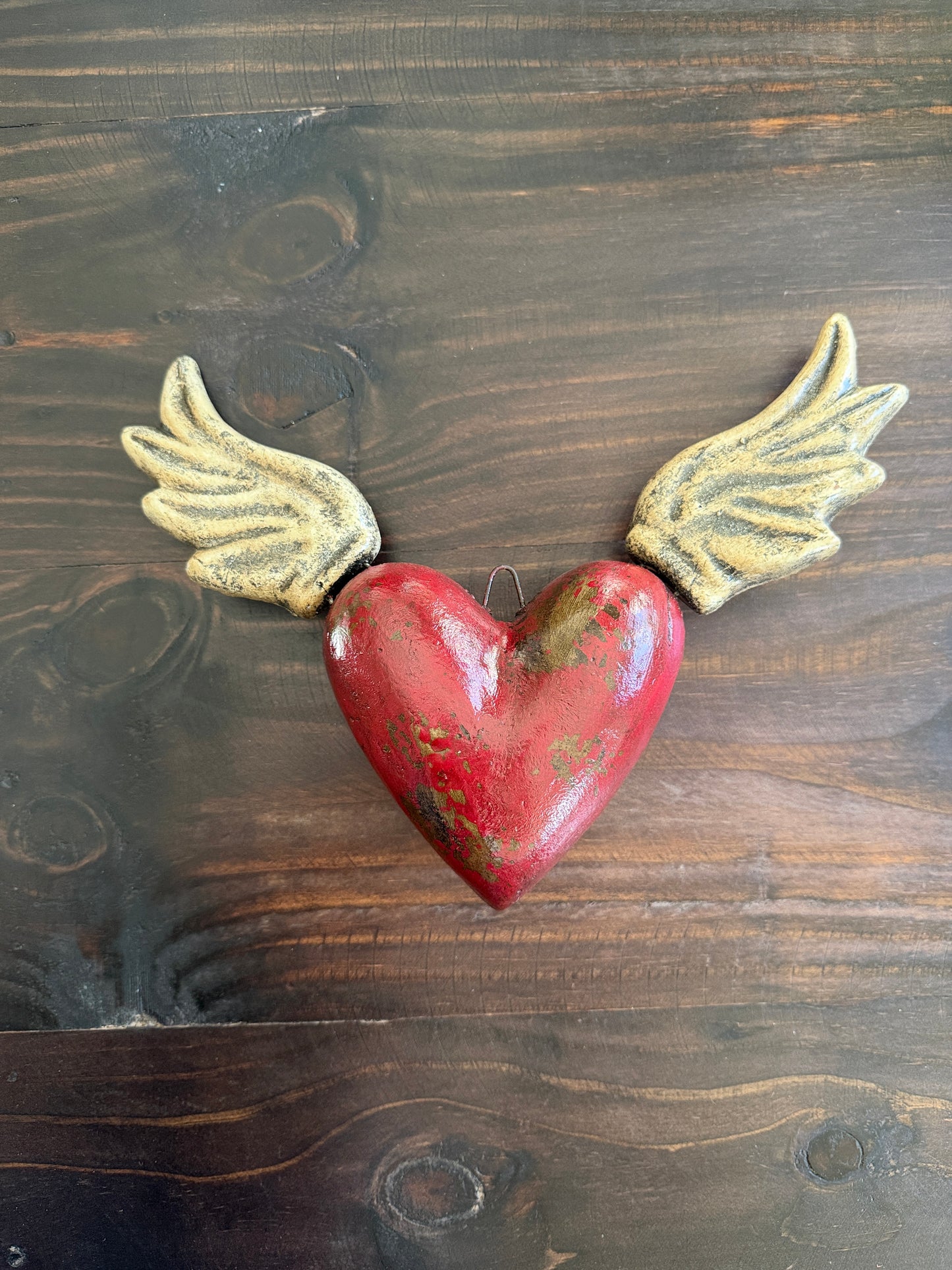 Handmade Winged Heart Wall Decor from Tonalá Mexico | Rustic Mexican Folk Art Hanging | Sacred Heart Décor