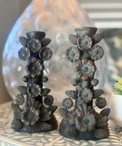Handmade Day of the Dead Skull Candlesticks – Mexican Floral Calavera Candle Holders Set of 2