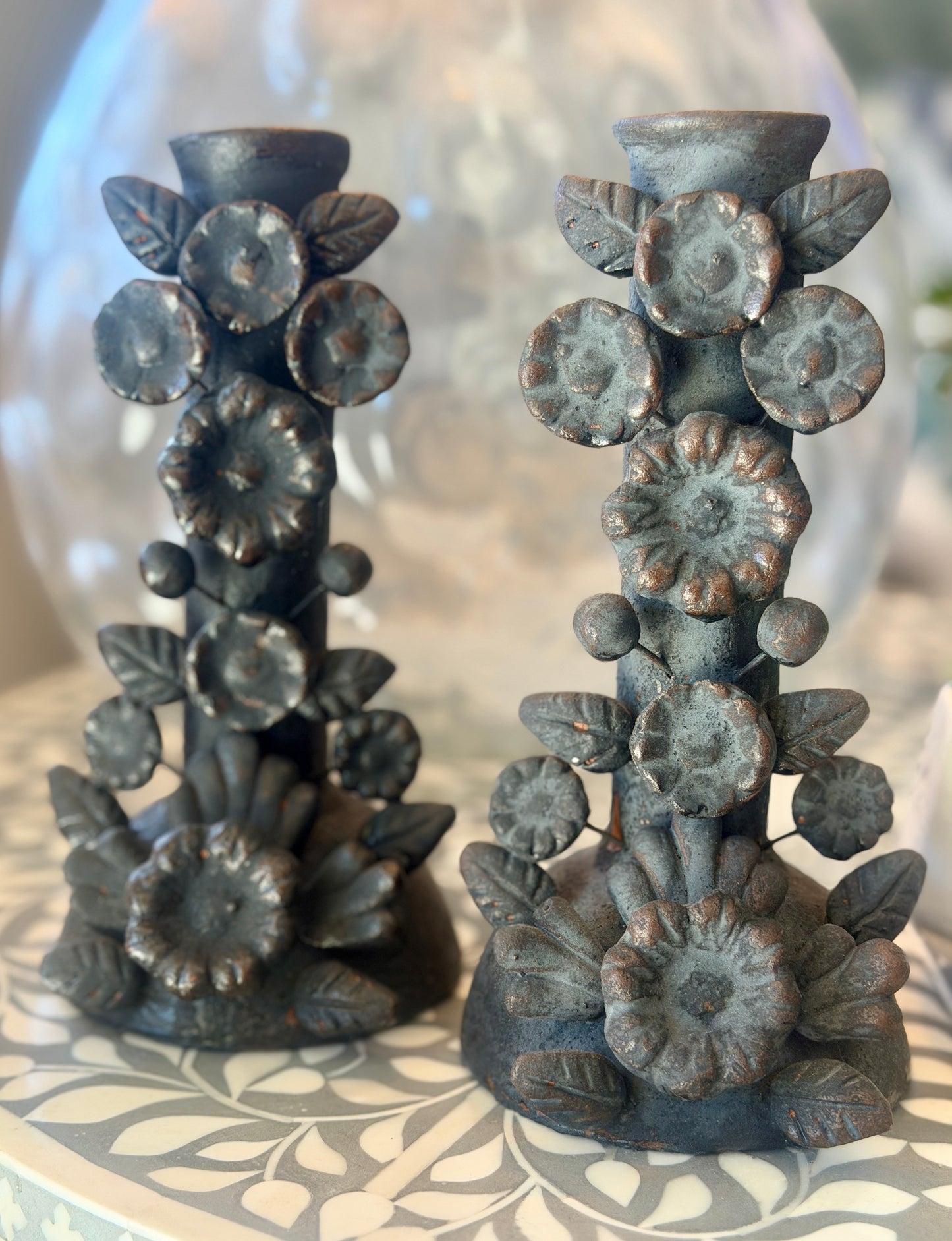 Handmade Day of the Dead Skull Candlesticks – Mexican Floral Calavera Candle Holders Set of 2